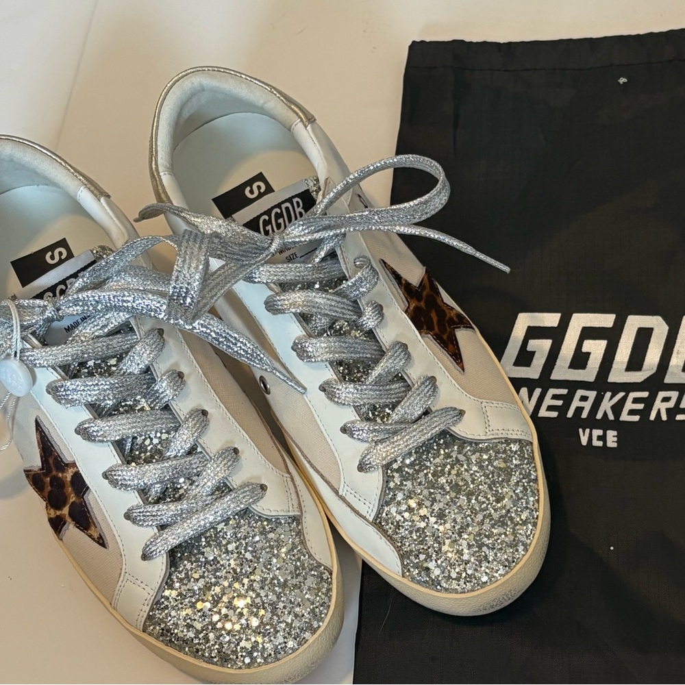 Golden Goose Silver and White Athletic Shoes